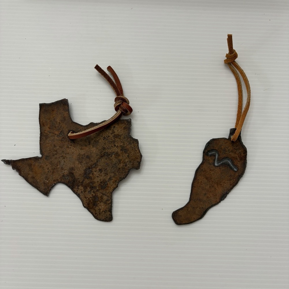Rustic Hand Forged Texas State & Cowboy Boot Rusted Meta Christmas Ornaments